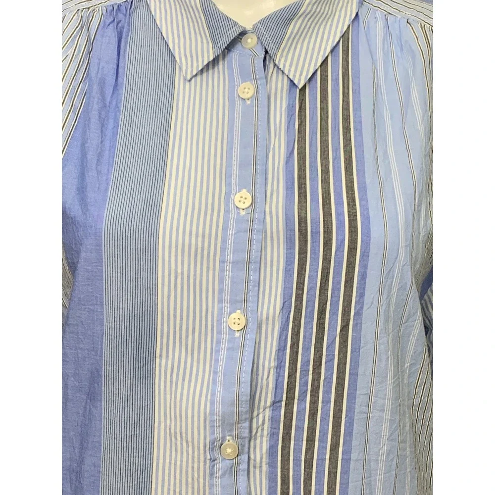 Gap Blue Mixed Stripe Tiered Shirt Dress Cotton L 3/4 Sleeve Casual Mini - Picture 2 of 12